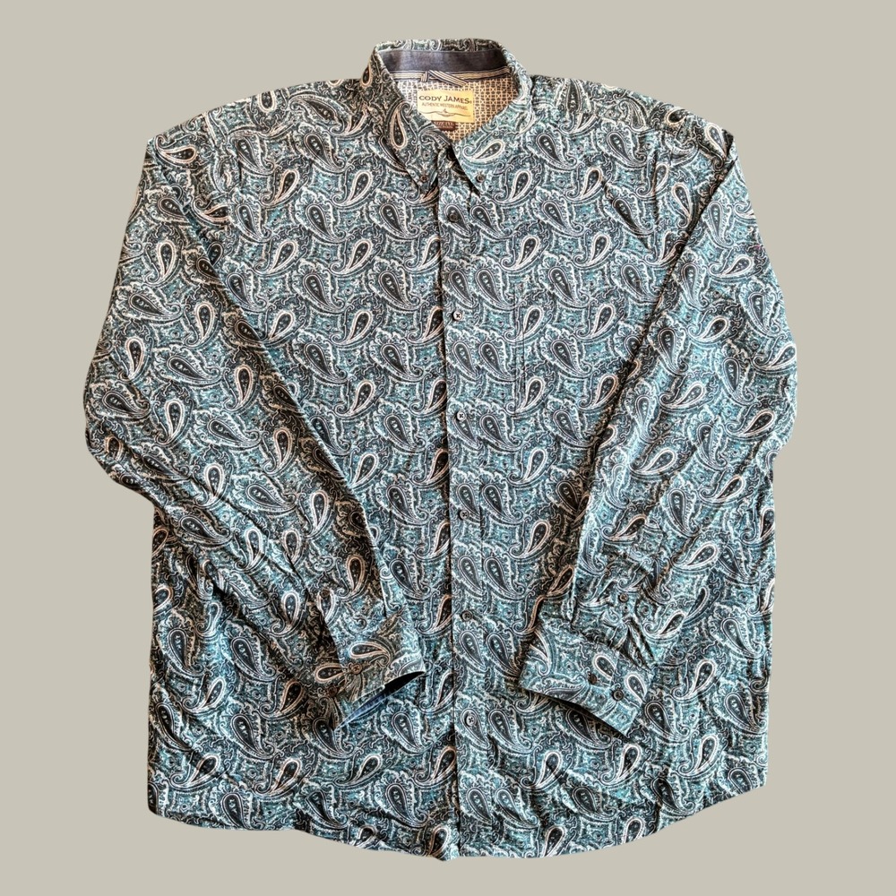 Cody James Mens Button Down Shirt 2XL Teal Cotton Paisley Western Ranch Concert